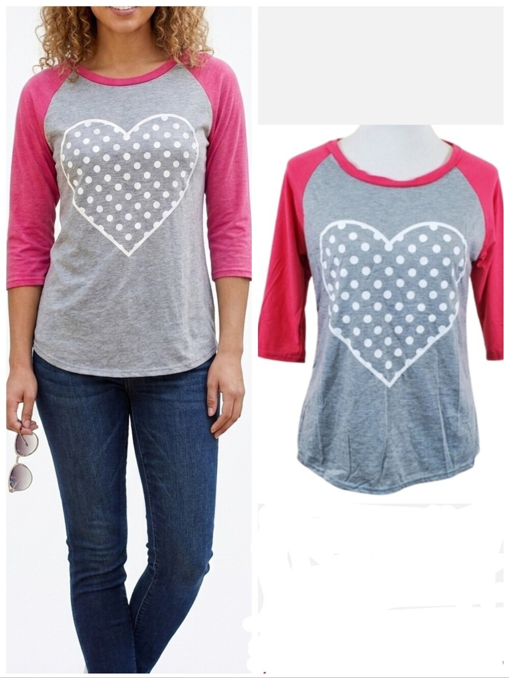 Polka-dot heart three-quarter sleeve baseball tee women's size large NWOT